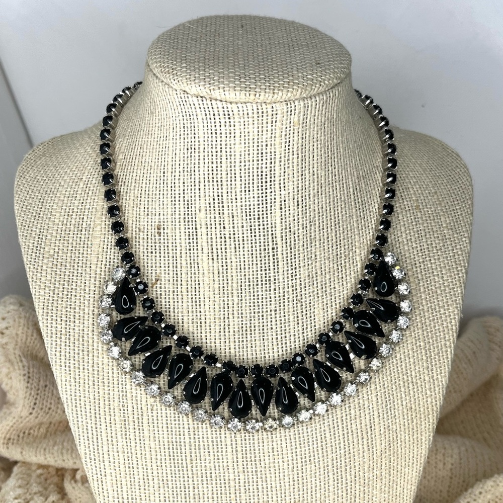 VTG 50’s “By Gale” Black & Clear Prong Set Glass Rhinestone 14” Choker Necklace